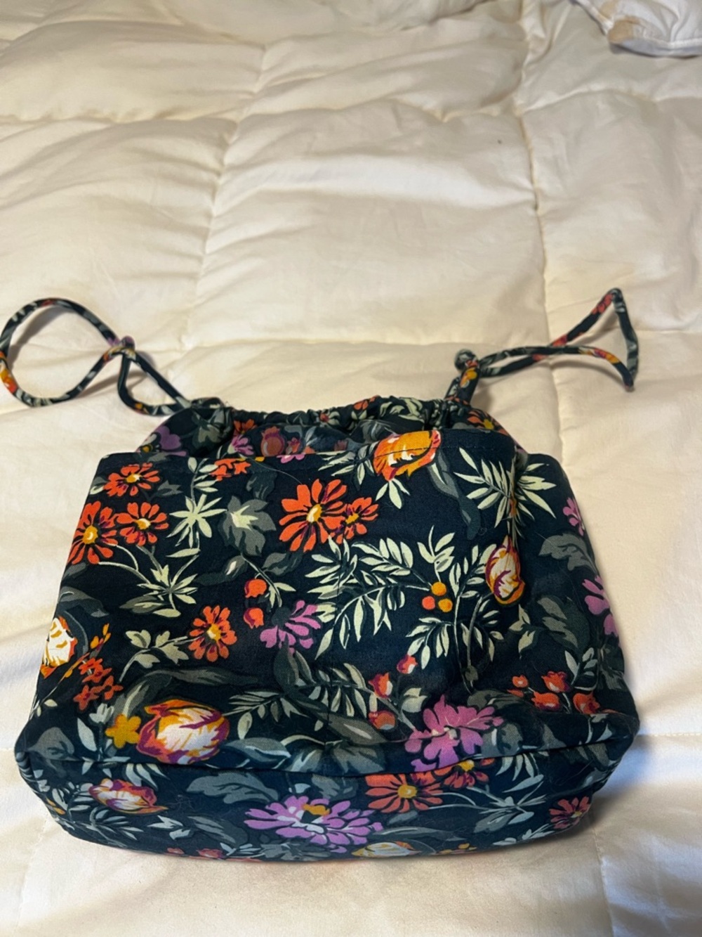 Vera Bradley Black Floral Drawstring Cosmetic Pouch with Orange & Purple Blooms